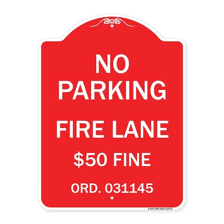 Signmission Missouri No Parking Fire Lane $50 Fine, Red & White Aluminum Sign, 18" x 24", RW-1824-23874 A-DES-RW-1824-23874